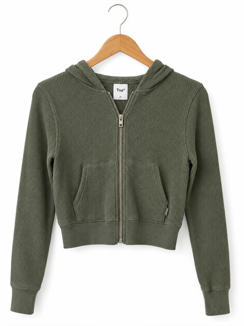 Aritzia TNA Waffle Zip Hoodie Cropped Sage Green XS Y2K